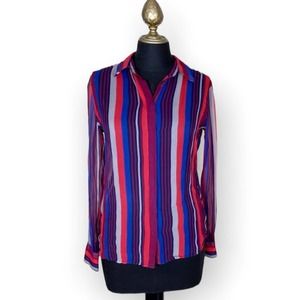 Equipment Femme Top Blouse Vertical Stripe Button Down Silk Pink Blue Size Small